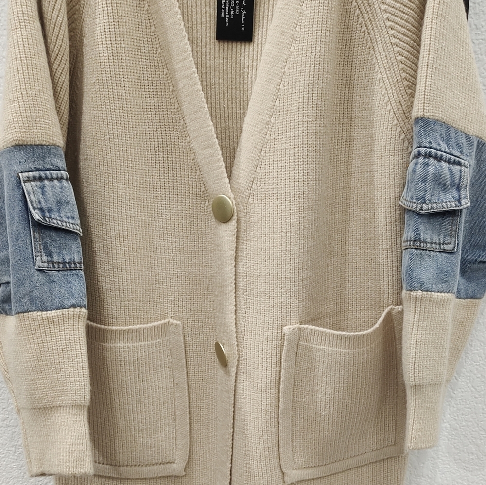 Beige Open-Front Long Cardigan with Denim Patch Sleeves - Picture 3 of 5